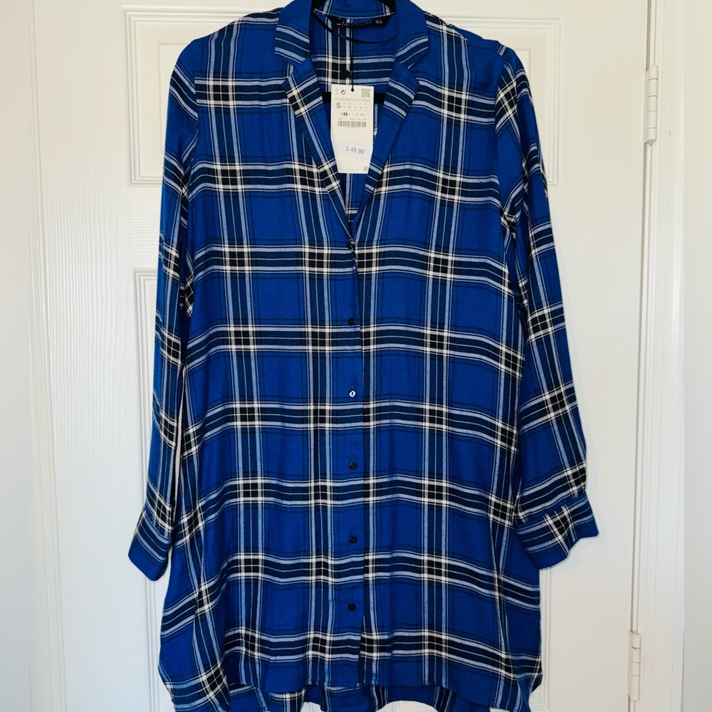 ZARA Blue Plaid Button-Down Shirtdress